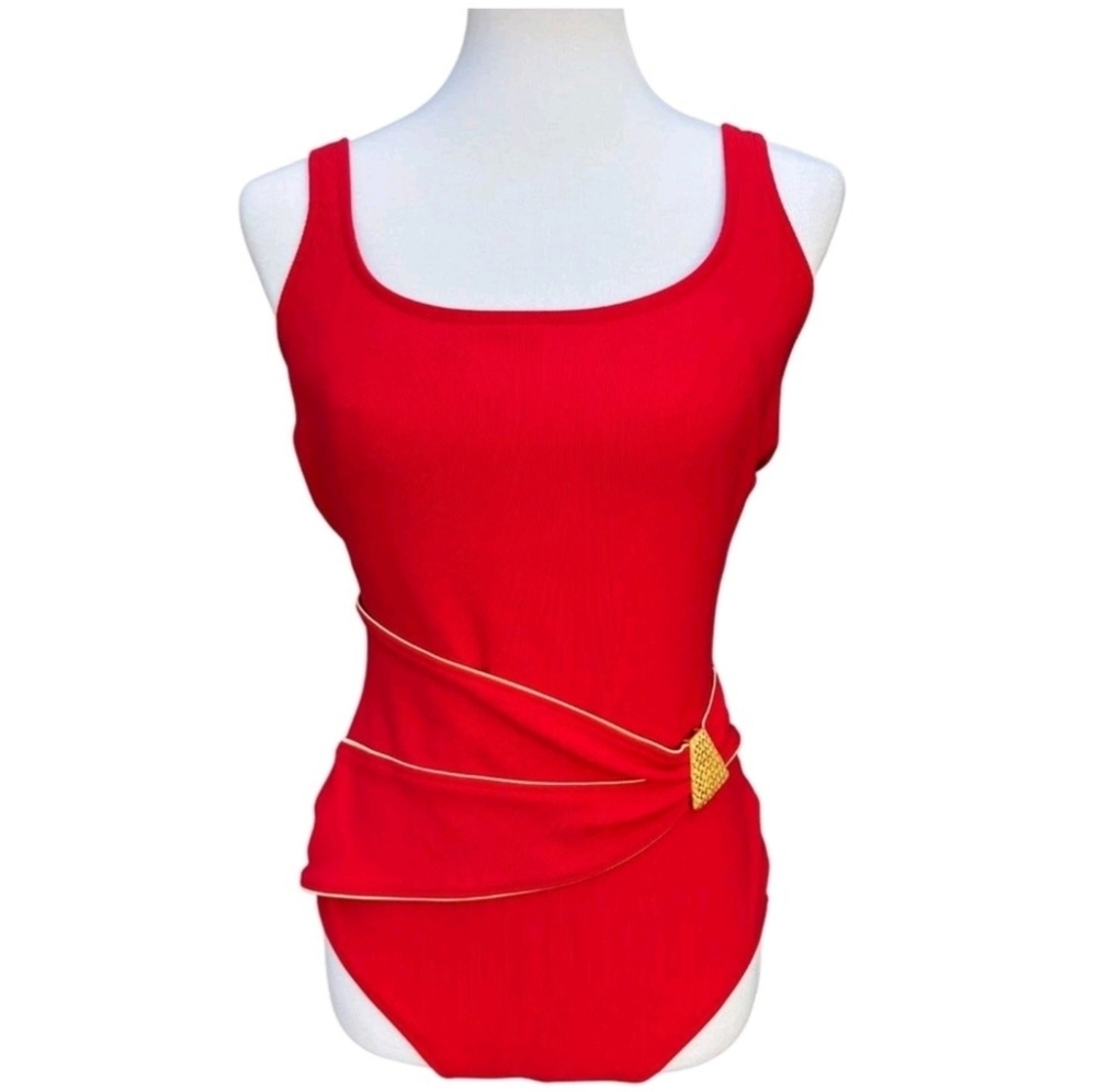 Vintage 80’s Roxanne Red Retro One Piece Swimsuit With Gold Cording & Medallion